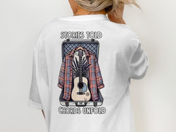 Musikgeschichten T-Shirt Musik Lavendel Shirt Akustikgitarre Lagerfeuer Shirt Reisekoffer Hemd Shirt Straßenmusik Soft Akkorde Noten Tee - Image 2