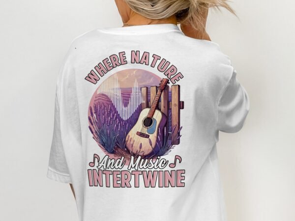 Gitarre Naturmotiv T-Shirt Musikliebhaber Vintage Landschaft Shirt Lavendel Gitarren Shirt Akustikgitarre Naturverbundenes Boho Ruhe Tee - Image 2
