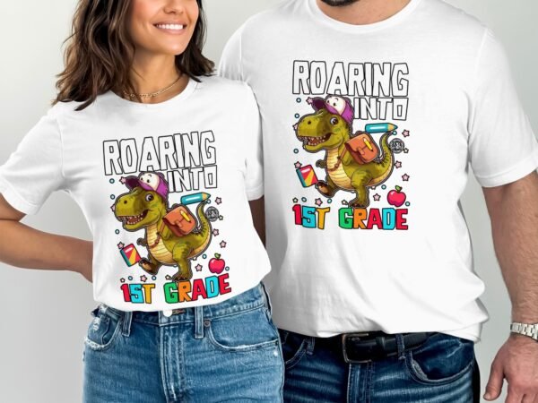Brüllend in die 1. Klasse T-Shirts, Dinosaurier Einschulung T-Shirts, Schulanfang Dino T-Shirts, Schulbeginn Kindert Shirts - Image 4