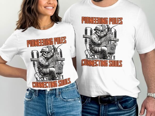 Pioneering Poles Connecting Souls Skeleton Engineer T-Shirt, Unique Lineman Graphic Tee, Electrical Worker Skull Shirt, Vintage Electrician - Image 4