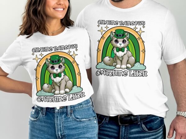 Lustiges Katzen Design TShirt Regenbogen Motiv Irischer Feiertag Niedliches Glück Shirt Geschenkidee Fell Shirt Katzenliebhaber - Image 4
