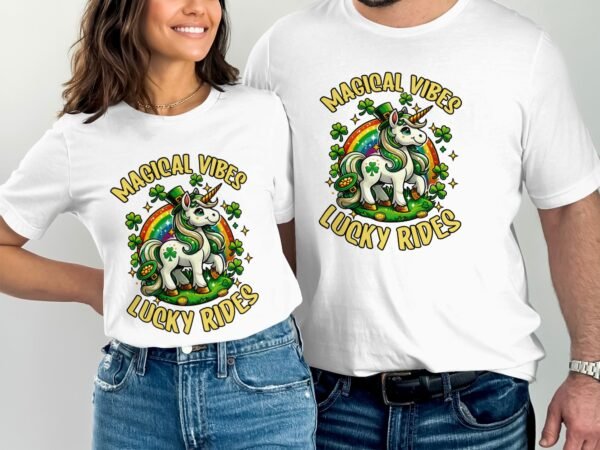 Magische Vibes T-Shirt, Glücklicher Einhorn Reit, Regenbogen Clover Design, coole Grafiken für Erwachsene und Kinder - Image 4
