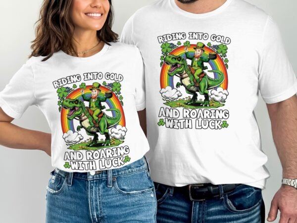 St. Patrick's Day T-Shirt, Lustiger Leprechaun auf Dinosaurier, Regenbogen und Kleeblatt Design, Glückliche St. Patty's Day Shirts - Image 4