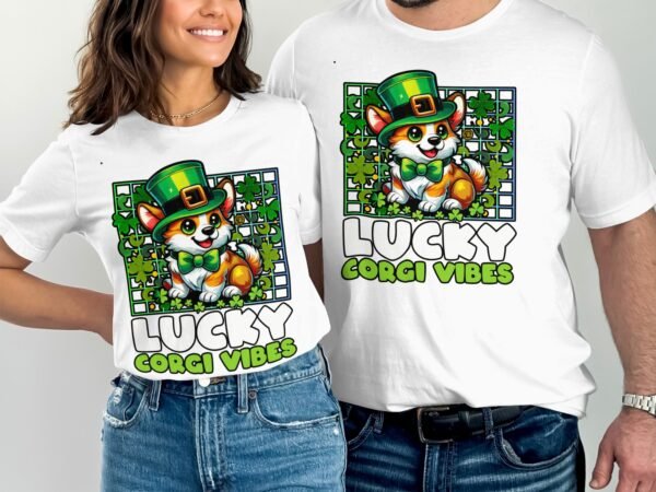 Lustiger St. Patricks Day Hunde T-Shirt, Glücklicher Corgi mit Hut, Lustiges Tier Outfit, Glücksbringer Katze Hund Tee - Image 4