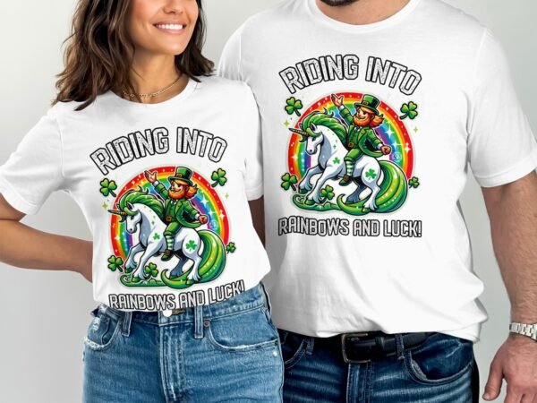 Reiten in Regenbogen und Glück T-Shirt, Lustiges St. Patrick's Day Einhorn T-Shirt, Buntes Regenbogen Motiv T-Shirt, Glücksbringer Tee - Image 4
