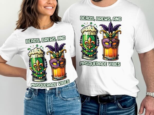 Schickes T-Shirt zum St. Patricks Day und Mardi Gras, Perfekt für Feierlichkeiten, Beads Brews and Masquerade Vibes Design - Image 4