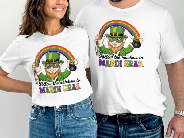 St. Patricks Day Mardi Gras T-Shirt, Follow the Rainbow to Mardi Gras Shirt, Fun Holiday Shirt, Festive Green and Purple Tee - Image 4