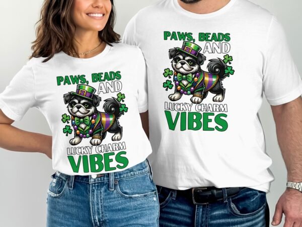 St. Patricks Day Hund Mardi Gras T-Shirt, Lustiger Hund mit Kleeblatt und Perlen, Lucky Charm Vibes Shirt, Lustiger Festtagstee - Image 4