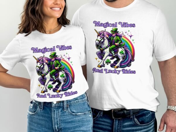 Magische Schwingungen und Glückliche Fahrten T-Shirt, Einhorn T-Shirt, Lustiges irisches T-Shirt, Regenbogen Einhorn Geschenk - Image 4