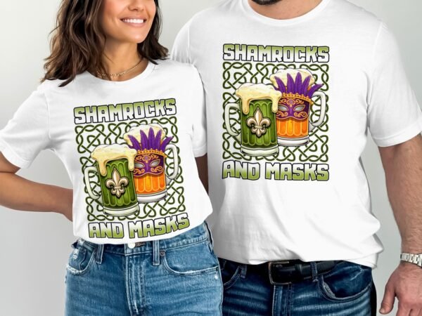 Lustiges St. Patricks Day Shirt, Mardi Gras T-Shirt, Shamrocks and Masks, Bierkrüge mit Klee und Maske, Geschenkideen - Image 4