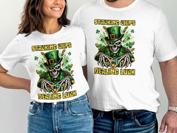 St. Patricks Day Poker T-Shirt, Gaming Shirt, Casino Luck Tee, Playing Cards Top, Poker Chips Shirt, Skeleton Leprechaun Art - Image 4