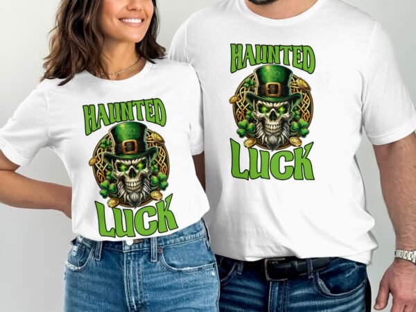 Gruselige Glück T-Shirt, Schädel mit Hut und Kleeblatt, Irland Motiv, Lustiges St. Patricks Day Geschenk, Halloween inspirierte Mode - Image 3