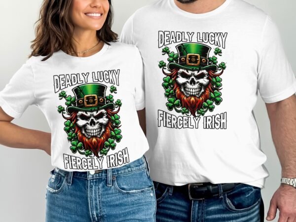 Deadly Lucky T-Shirt, Fiercely Irish Design, St. Patrick's Day Shirt, Shamrock Skull Graphic Tee, Irish Pride Clothing, Fun Gift Idea - Image 3