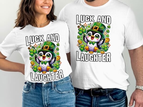 Glück und Lachen Pinguin T-Shirt, Lustiges St. Patrick's Day T-Shirt, Kleeblatt und Münzen Design, Geschenkidee für Freunde - Image 3