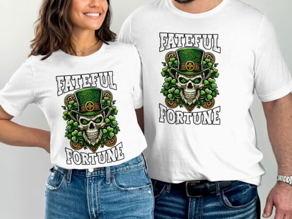 Irisches Schicksal Totenkopf T-Shirt, Gruseliger Schädel und Kleeblätter, St. Patrick's Day Glücksshirt, Harte Männermode, Trendiges Design - Image 3