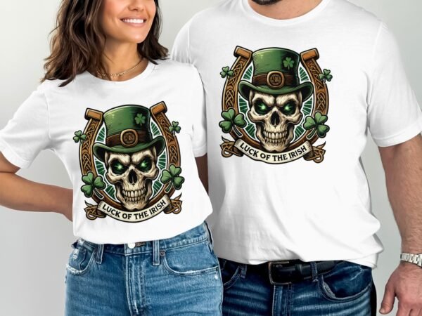 Gruseliger Totenkopf mit grünem Hut T-Shirt, Glück der Iren T-Shirt, Schauriger Schädel Irland Glück T-Shirt, Sankt Patrick's Day Shirt - Image 3