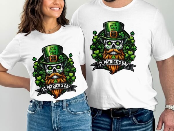 St. Patrick's Day T-Shirt, Lustiger Schädel mit Bart, Kleeblatt Hut Design, Irischer Stolz, Glück Irish Feiern Shirt - Image 3