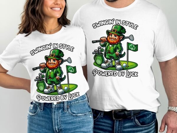 St. Patricks Day Golf T Shirt, Golfing Leprechaun Tee, Swingin in Style Shirt, Powered by Luck, Funny Golf Shirt, Irish Golf Gift - Image 3