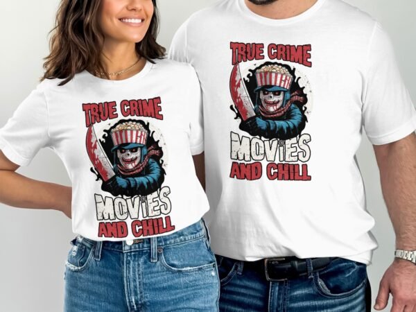 Kriminalfälle True Crime T-Shirt, Popcorn Horrorfilm Geschichten für Krimi Fans Tee, Rätsel Maskierter Verbrecher Top, Ermittlungen Shirt - Image 4