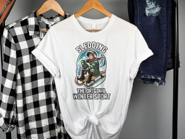Lustiger Elfen-T-Shirt Retro-Schnee-Schlittenfahren Originales Wintersport-Design Weihnachten Kurzarm Urlaubsgeschenk - Image 2