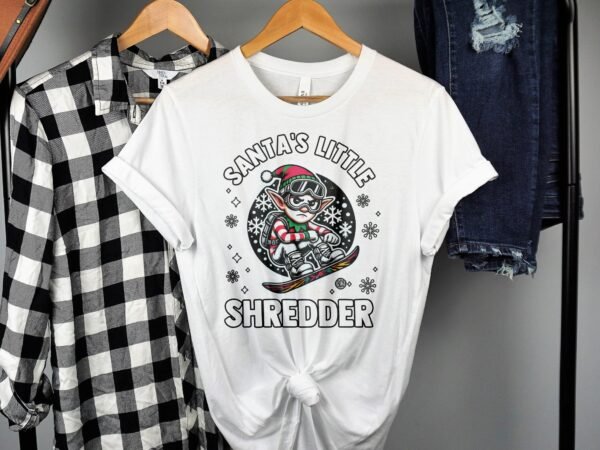 Santa's Little Shredder Christmas T Shirt, Funny Snowboarding Elf Tee, Kids Holiday Outfit, Xmas Snowboarder Shirt - Image 2
