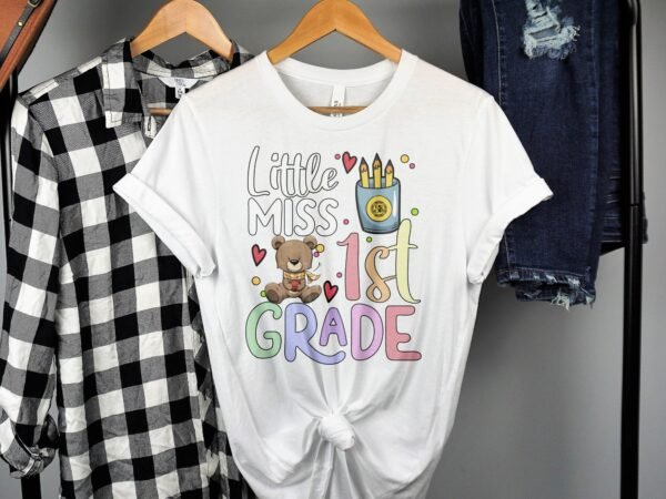 Kleine Miss 1 Klasse T-Shirt Abschied Kindergarten Schulanfänger Erstklässler Mädchen Geschenkidee Schulkind Schulanfänger Teddybär Set - Image 2