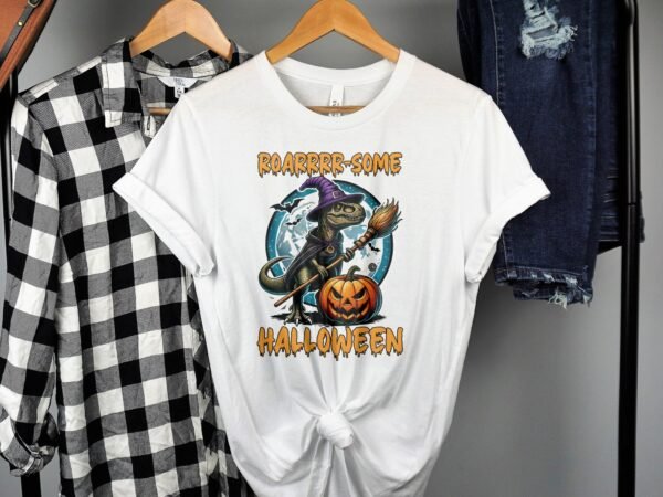 Scary Dinosaur Halloween T-Shirt, Spooky T-Rex Tee, Fun Magic Costume Dino Shirt, Hunter Witch Hour Madness Top, Trick-Or-Treat Night Party - Image 2