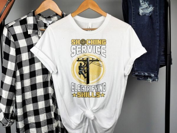 Shocking Service T-Shirt, Electrifying Skills Graphic Tee, Electrician Themed Shirt, Unique Lineman Tee, Powerline Worker Gift - Image 2