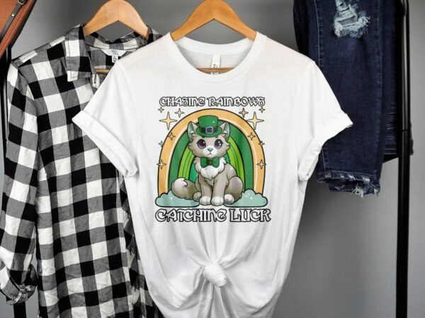Lustiges Katzen Design TShirt Regenbogen Motiv Irischer Feiertag Niedliches Glück Shirt Geschenkidee Fell Shirt Katzenliebhaber - Image 2
