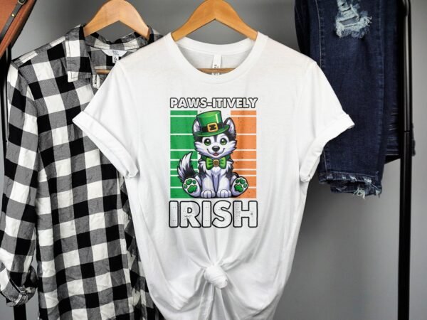 Lustiger St. Patricks Day Hund Katze Geschenk, Niedliches Irisches Tier Tshirt, Paws-itively Irish Shirt, Lustige Irish T-Shirt - Image 2