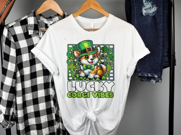 Lustiger St. Patricks Day Hunde T-Shirt, Glücklicher Corgi mit Hut, Lustiges Tier Outfit, Glücksbringer Katze Hund Tee - Image 2