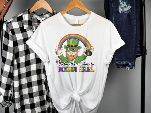 St. Patricks Day Mardi Gras T-Shirt, Follow the Rainbow to Mardi Gras Shirt, Fun Holiday Shirt, Festive Green and Purple Tee - Image 2