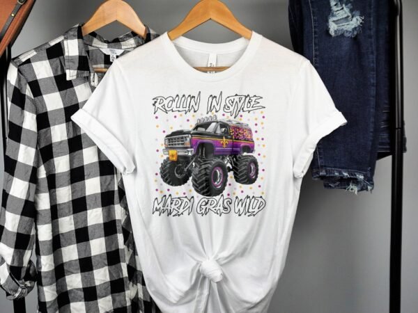St. Patricks Day Mardi Gras T-Shirt, Monster Truck T-Shirt, Rollin In Style T-Shirt, Mardi Gras Wild T-Shirt, Holiday Truck Tee - Image 2