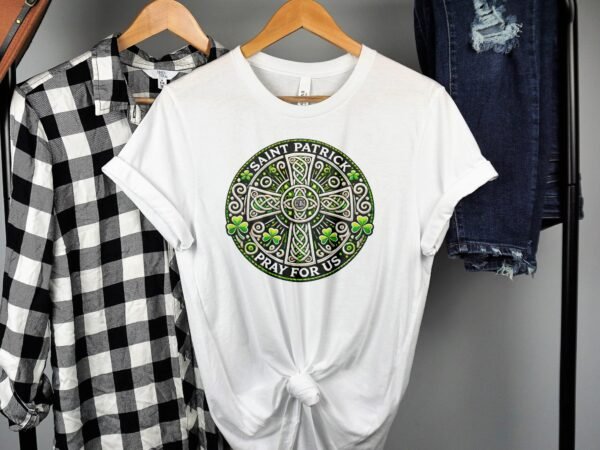 Saint Patrick Pray For Us T-Shirt, Celtic Cross Shirt, Irish Heritage Tee, St. Patrick's Day Clothing, Lucky Clover Apparel, Christian Faith - Image 2