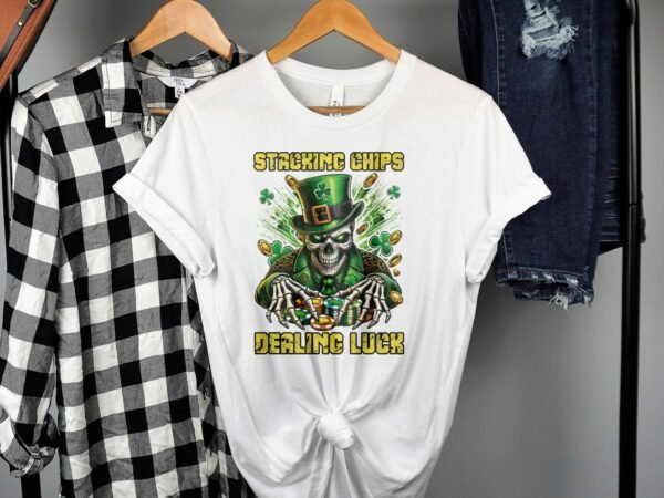 St. Patricks Day Poker T-Shirt, Gaming Shirt, Casino Luck Tee, Playing Cards Top, Poker Chips Shirt, Skeleton Leprechaun Art - Image 2