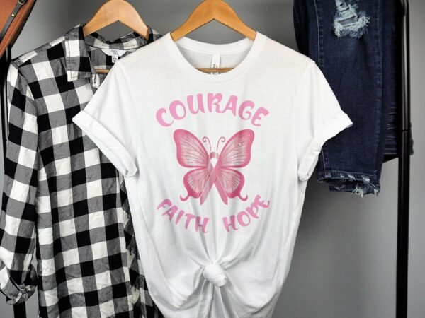 Kampf Stärke Hoffnung Brustkrebs Bewusstsein T-Shirt, Vorsorgeuntersuchung Gesundheit Tee, Hilfe Symbol der Solidarität Pinke Schleife Top - Image 2