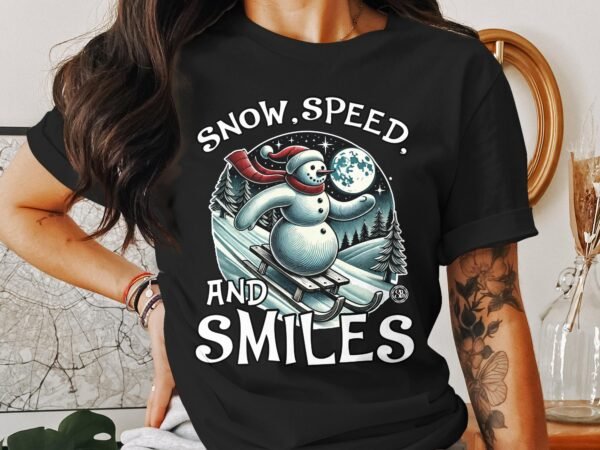 Snow Speed and Smiles T Shirt Vintage Snowman Sledding Graphic Tee Winter Holiday Gift Funny Snowman Shirt Outdoorsy - Image 3