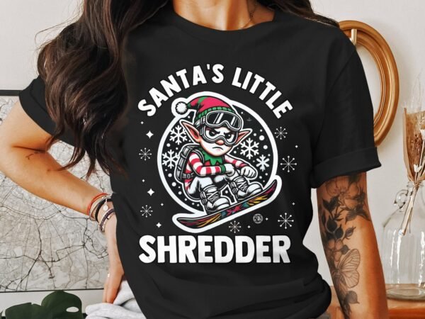 Santa's Little Shredder Christmas T Shirt, Funny Snowboarding Elf Tee, Kids Holiday Outfit, Xmas Snowboarder Shirt - Image 3