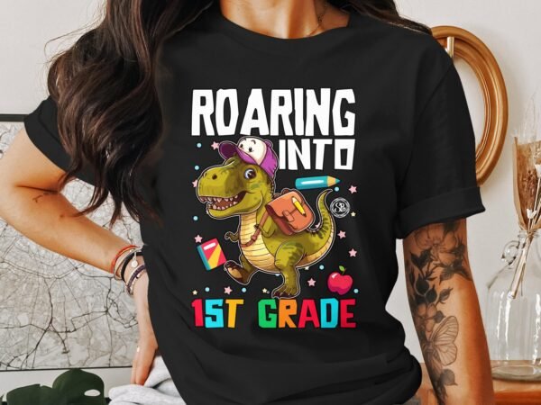 Brüllend in die 1. Klasse T-Shirts, Dinosaurier Einschulung T-Shirts, Schulanfang Dino T-Shirts, Schulbeginn Kindert Shirts - Image 3