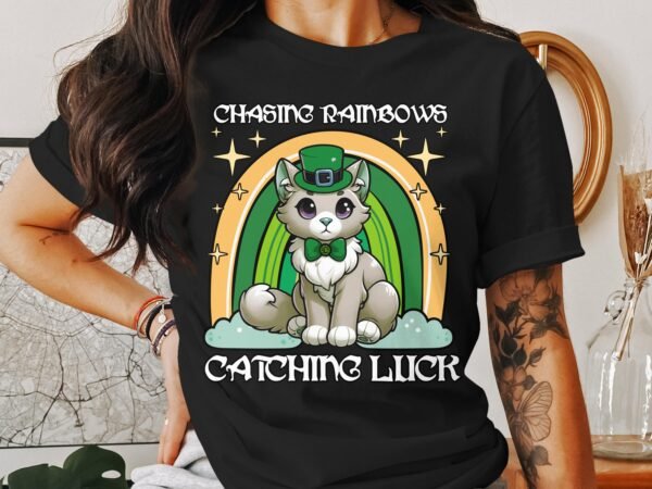 Lustiges Katzen Design TShirt Regenbogen Motiv Irischer Feiertag Niedliches Glück Shirt Geschenkidee Fell Shirt Katzenliebhaber - Image 3