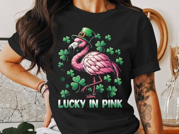 Lustiges Flamingo Tee St Patricks Day Shirt Flamingo Glück in Rosa St. Paddy Day Geschenkidee Grünes Kleeblatt mit Hut auf Flamingo T-Shirt - Image 3