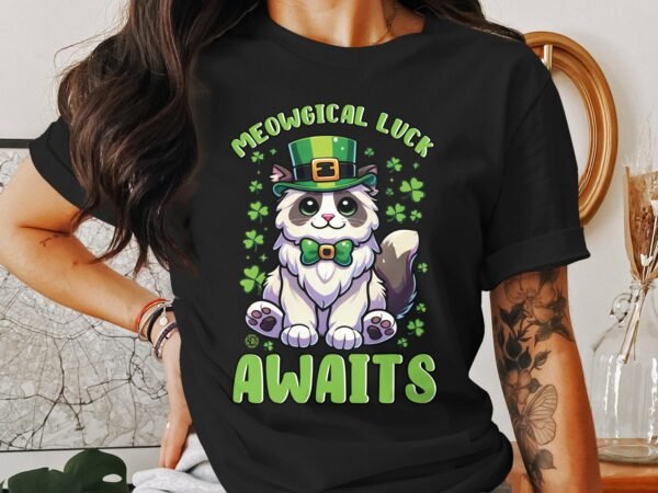 Lustige Katze T-Shirt Meow Glück Shirt St. Patricks Day Lieblingskatze Shirt Irland Festival Grafik T Shirt Glücksklee Katzenfreund Shirt - Image 3