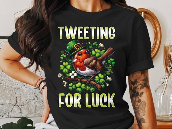 Vogel T-Shirt Glückbringender Hut Irisches Rotkehlchen Tee Irischer St. Paddy Shirt Vogelgezwitscher auf Kleeblatt Druck Shirt Kleeblätter - Image 3
