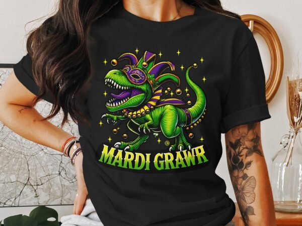 Saint Paddy Dinosaurier Mardi Gras Shirt Karneval Dinosaurier Design Mardi Grawr T-Rex Grafik Faschings Glücksbringer Shirt Kleblätter - Image 3
