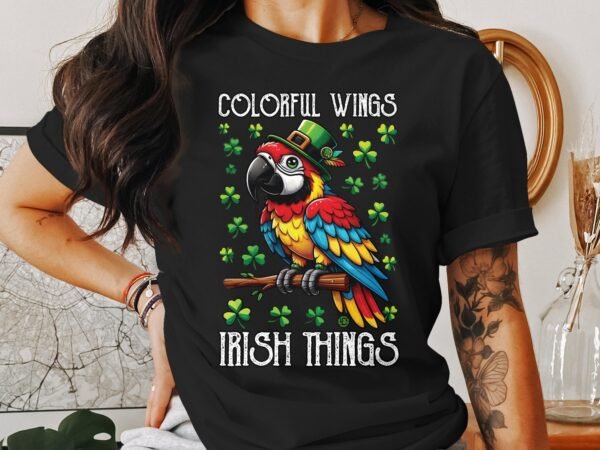 St. Patrick's Day Papagei T-Shirt Irland Papagei Hut Bunte Flügel Klee Papagei Saint Paddy Day Lustig Irisch Papagei Shirt Glücksklee - Image 3