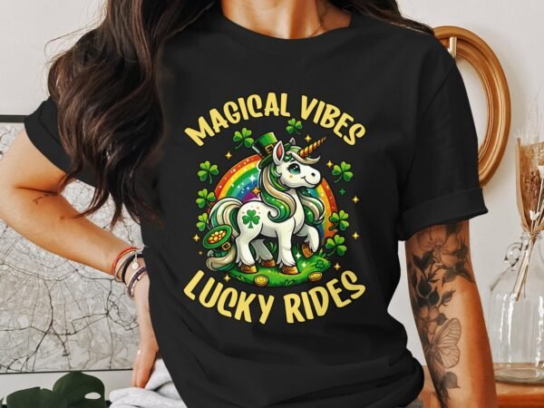 Magische Vibes T-Shirt, Glücklicher Einhorn Reit, Regenbogen Clover Design, coole Grafiken für Erwachsene und Kinder - Image 3