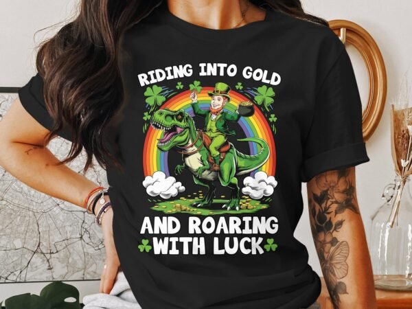 St. Patrick's Day T-Shirt, Lustiger Leprechaun auf Dinosaurier, Regenbogen und Kleeblatt Design, Glückliche St. Patty's Day Shirts - Image 3