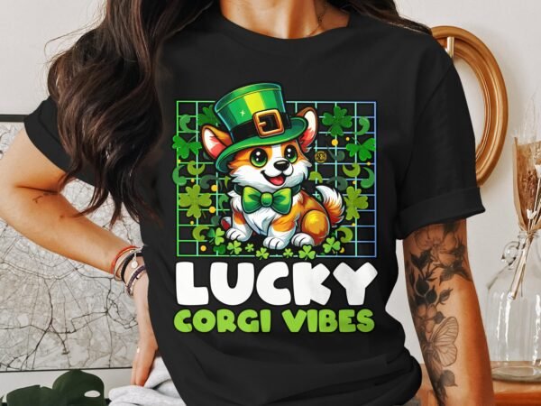 Lustiger St. Patricks Day Hunde T-Shirt, Glücklicher Corgi mit Hut, Lustiges Tier Outfit, Glücksbringer Katze Hund Tee - Image 3