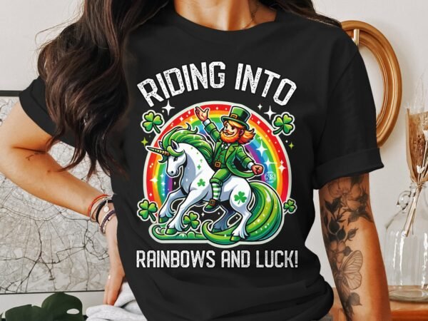 Reiten in Regenbogen und Glück T-Shirt, Lustiges St. Patrick's Day Einhorn T-Shirt, Buntes Regenbogen Motiv T-Shirt, Glücksbringer Tee - Image 3