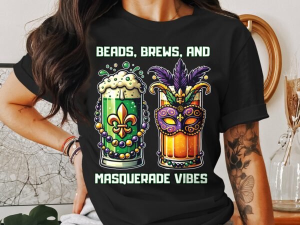 Schickes T-Shirt zum St. Patricks Day und Mardi Gras, Perfekt für Feierlichkeiten, Beads Brews and Masquerade Vibes Design - Image 3
